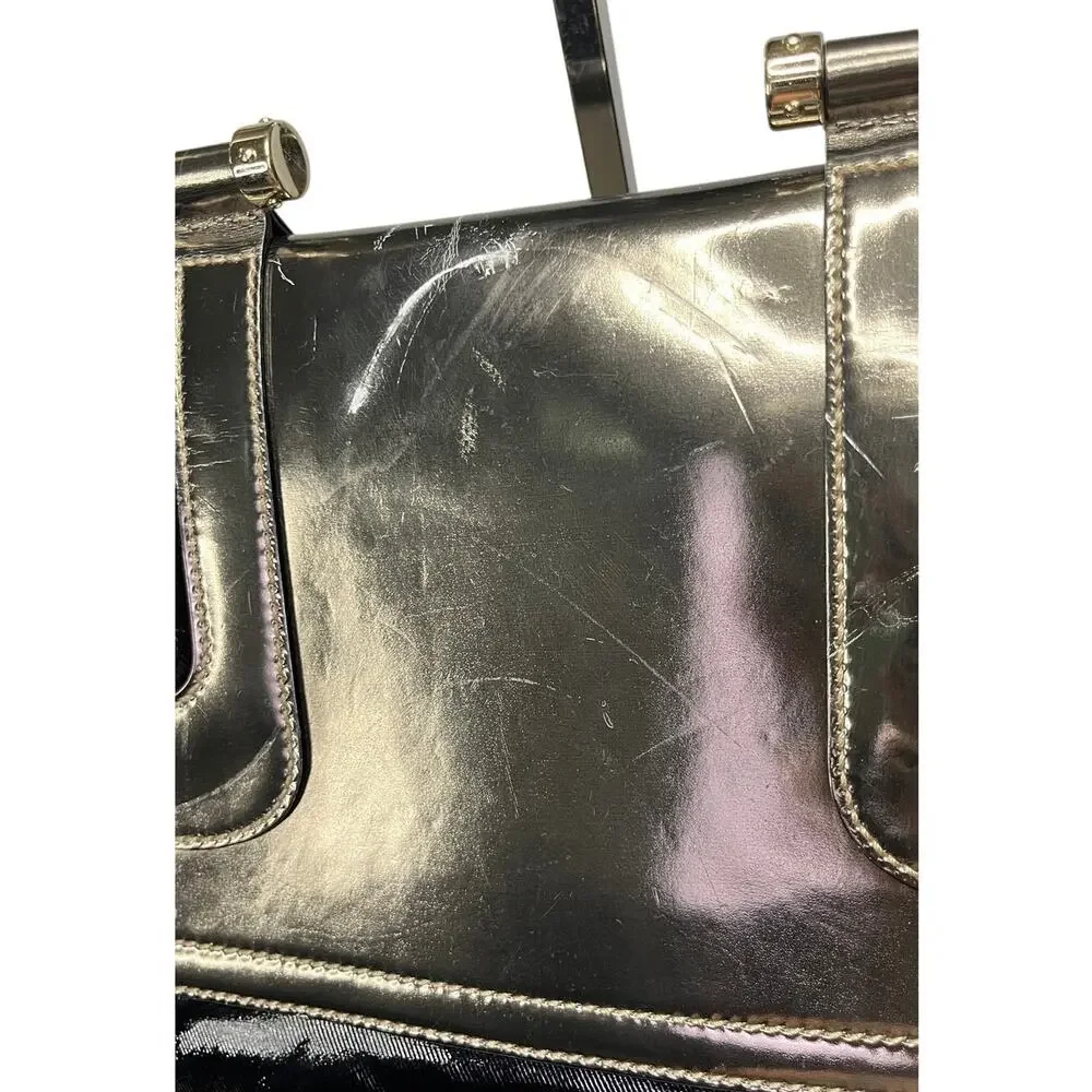 Gucci Dialux Pop Bamboo Top Handle Two Way Satchel Bag Black Silver Large